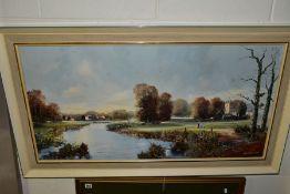 DONALD JENNINGS (BRITISH CONTEMPORARY) 'AN AUTUMN MORNING', an extensive river landscape, signed and