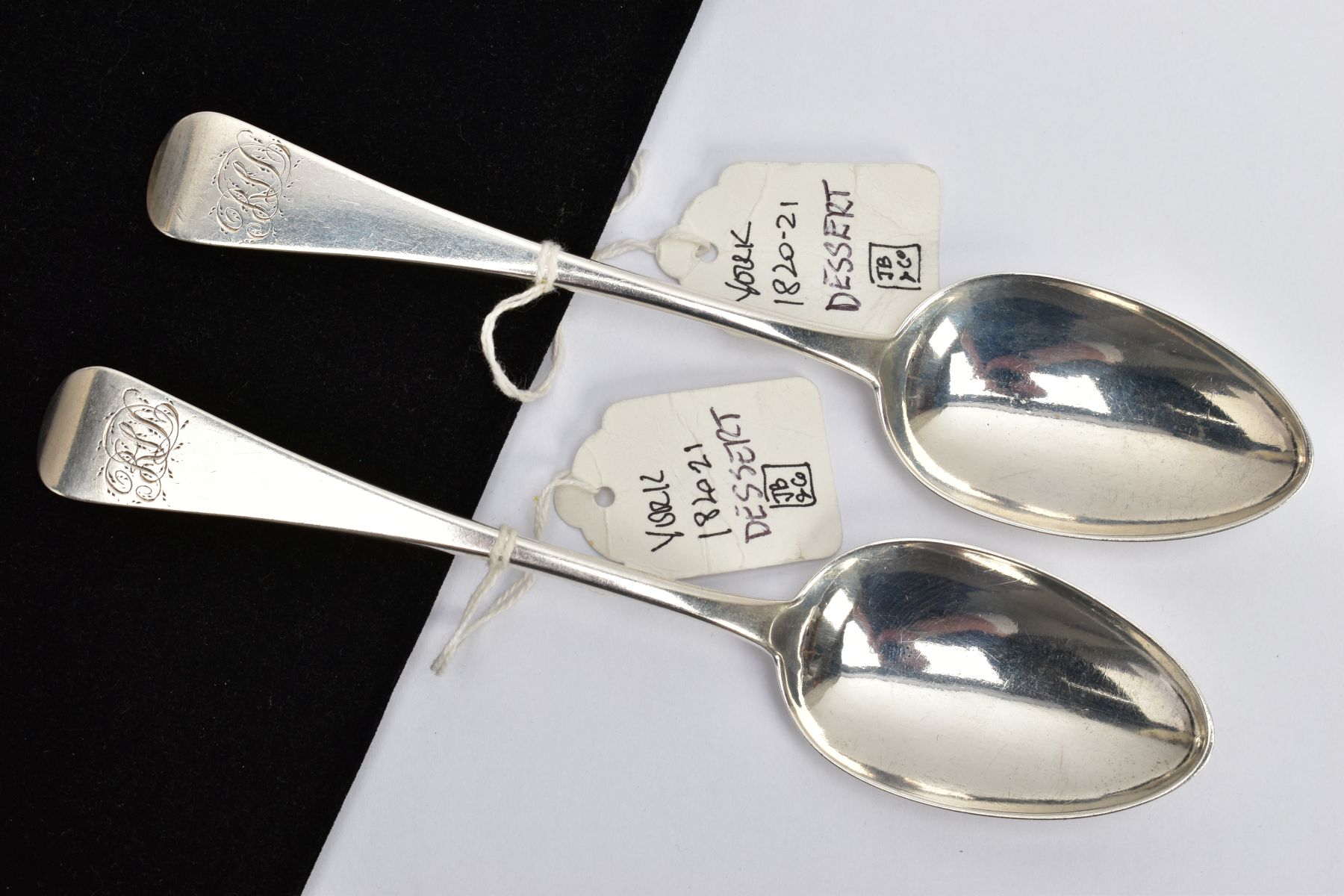 A PAIR OF SILVER TABLESPOONS, old English pattern, engraved initials to the terminals, hallmarked '