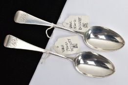 A PAIR OF SILVER TABLESPOONS, old English pattern, engraved initials to the terminals, hallmarked '