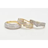 THREE 9CT GOLD DIAMOND RINGS, the first designed as a V-shape, with a central row of baguette cut