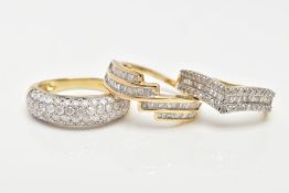 THREE 9CT GOLD DIAMOND RINGS, the first designed as a V-shape, with a central row of baguette cut