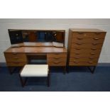 A EUROPA FURNITURE TEAK THREE PIECE BEDROOM SUITE, comprising a tall chest of seven drawers, width