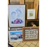 PRINTS AND CIGARETTE CARDS, comprising three Geoff Tristram motoring prints, signed to lower margin,