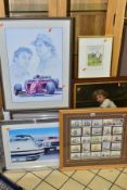 PRINTS AND CIGARETTE CARDS, comprising three Geoff Tristram motoring prints, signed to lower margin,