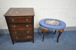 A MAHOGANY CHEST OF FOUR DRAWERS, width 46cm x depth 38cm x height 66cm, and an oval needlework