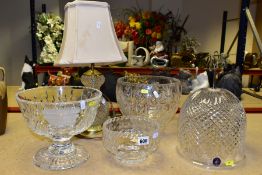 FIVE LARGE CUT CRYSTAL PIECES, comprising a Tutbury Crystal table lamp with shade, a Tutbury Crystal