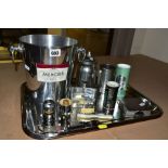 AN ALUMINIUM 'MERCIER' CHAMPAGNE BUCKET AND OTHER DRINKS/BAR ACCESSORIES, including a pewter hip