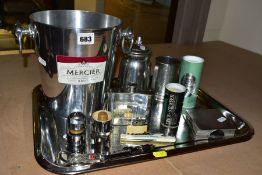 AN ALUMINIUM 'MERCIER' CHAMPAGNE BUCKET AND OTHER DRINKS/BAR ACCESSORIES, including a pewter hip