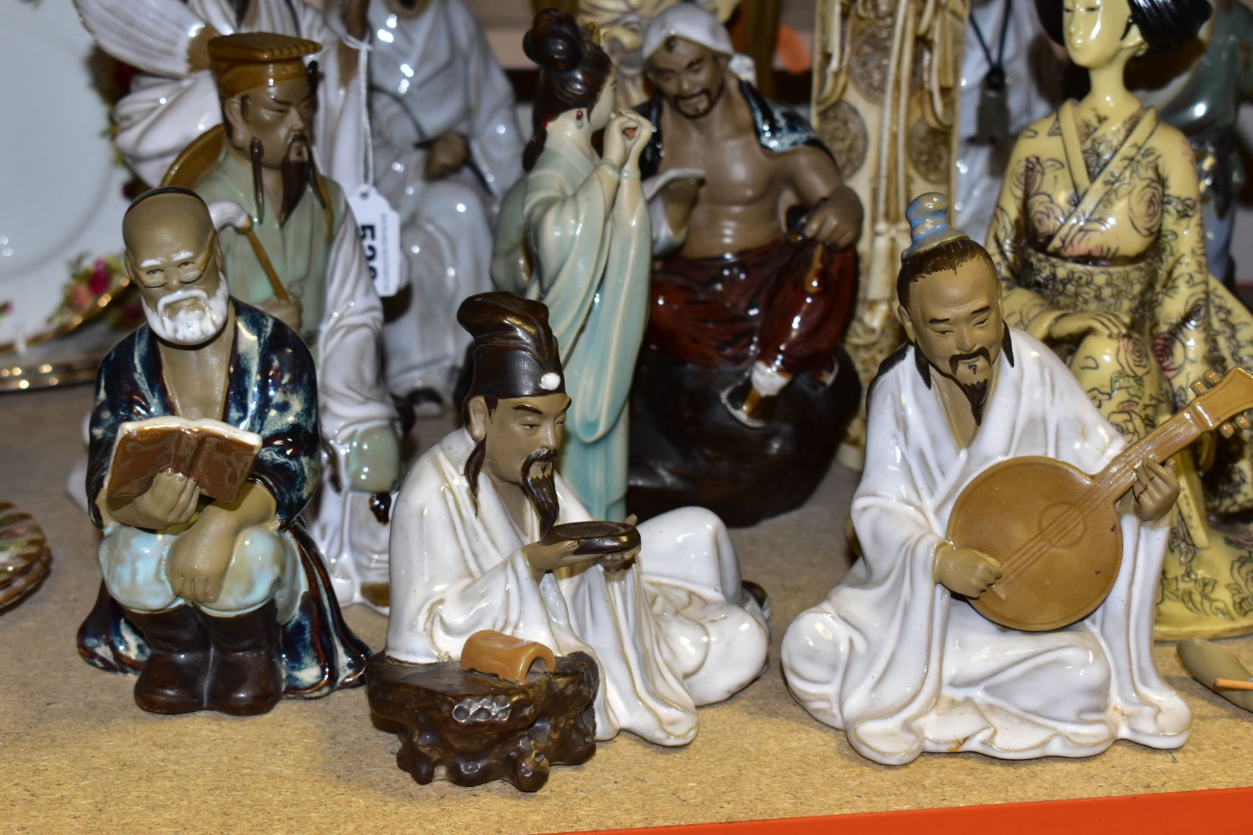 A GROUP OF MODERN ORIENTAL FIGURINES, to include fifteen figurines featuring people reading, fishing - Image 3 of 12