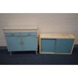 A VINTAGE KITCHEN CUPBORD with pale blue door and drawer fronts, width 91cm x depth 45cm x height