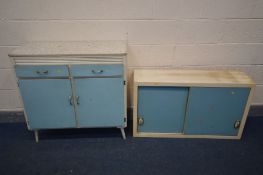 A VINTAGE KITCHEN CUPBORD with pale blue door and drawer fronts, width 91cm x depth 45cm x height