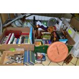THREE BOXES OF BOOKS, CDS, DVDS, SUNDRIES, TWO ARTIFICIAL CHRISTMAS TREES AND LOOSE ITEMS, including