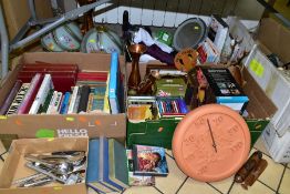 THREE BOXES OF BOOKS, CDS, DVDS, SUNDRIES, TWO ARTIFICIAL CHRISTMAS TREES AND LOOSE ITEMS, including