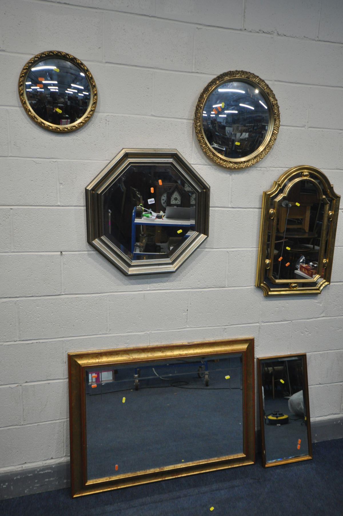SIX VARIOUS WALL MIRRORS, to include two gilt framed circular convex wall mirrors, an octagonal
