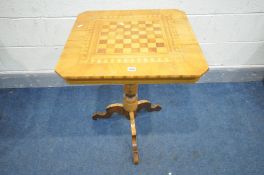 A 19TH CENTURY MARQUETRY INLAID CHESS TRIPOD TABLE, with canted corners, 60cm x height 74cm