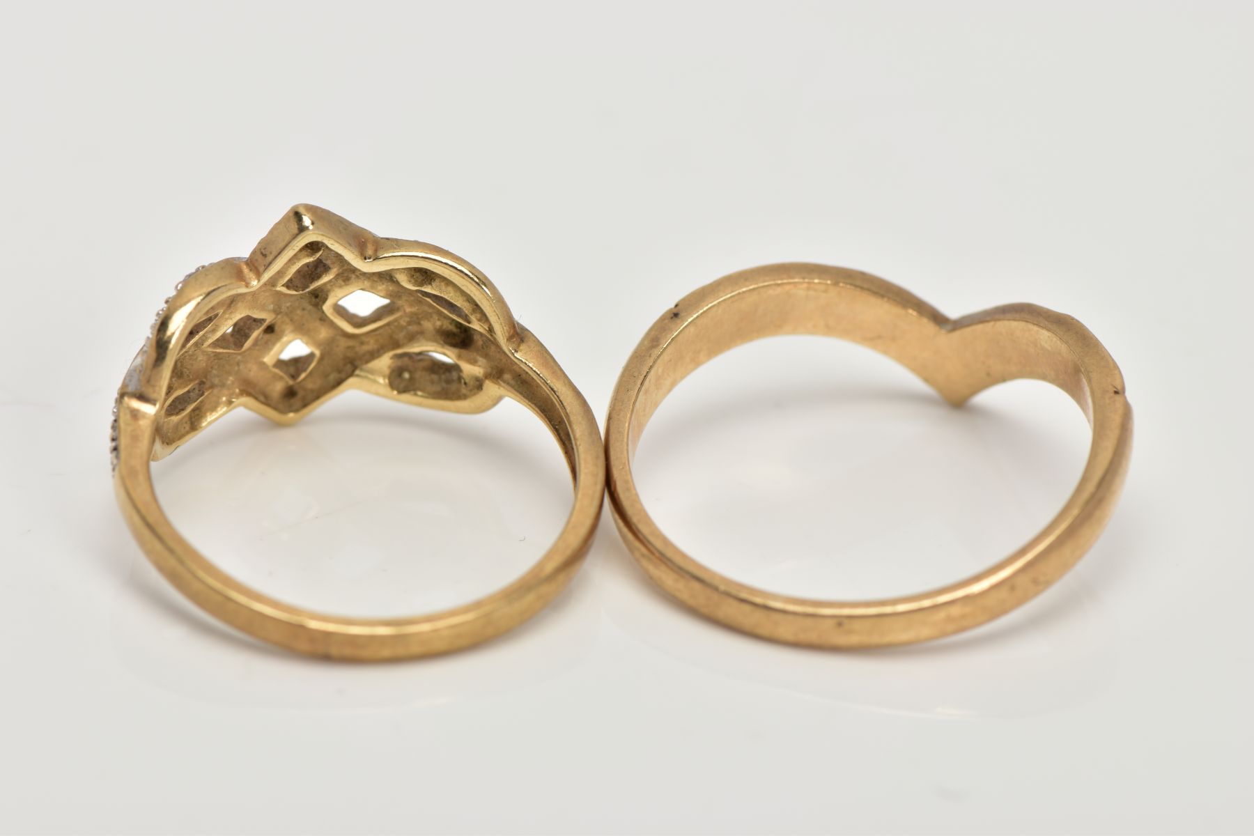 A 9CT GOLD DIAMOND RING AND A WISHBONE RING, the openwork ring set with single cut diamond detail, - Image 3 of 3