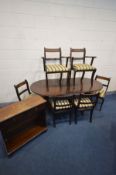 A REPRODUCTION MAHOGANY OVAL EXTENDING PEDESTAL TABLE with an additional leaf, six chairs