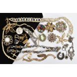 A SELECTION OF MAINLY COSTUME JEWELLERY, to include a graduated cultured pearl necklace, a marcasite