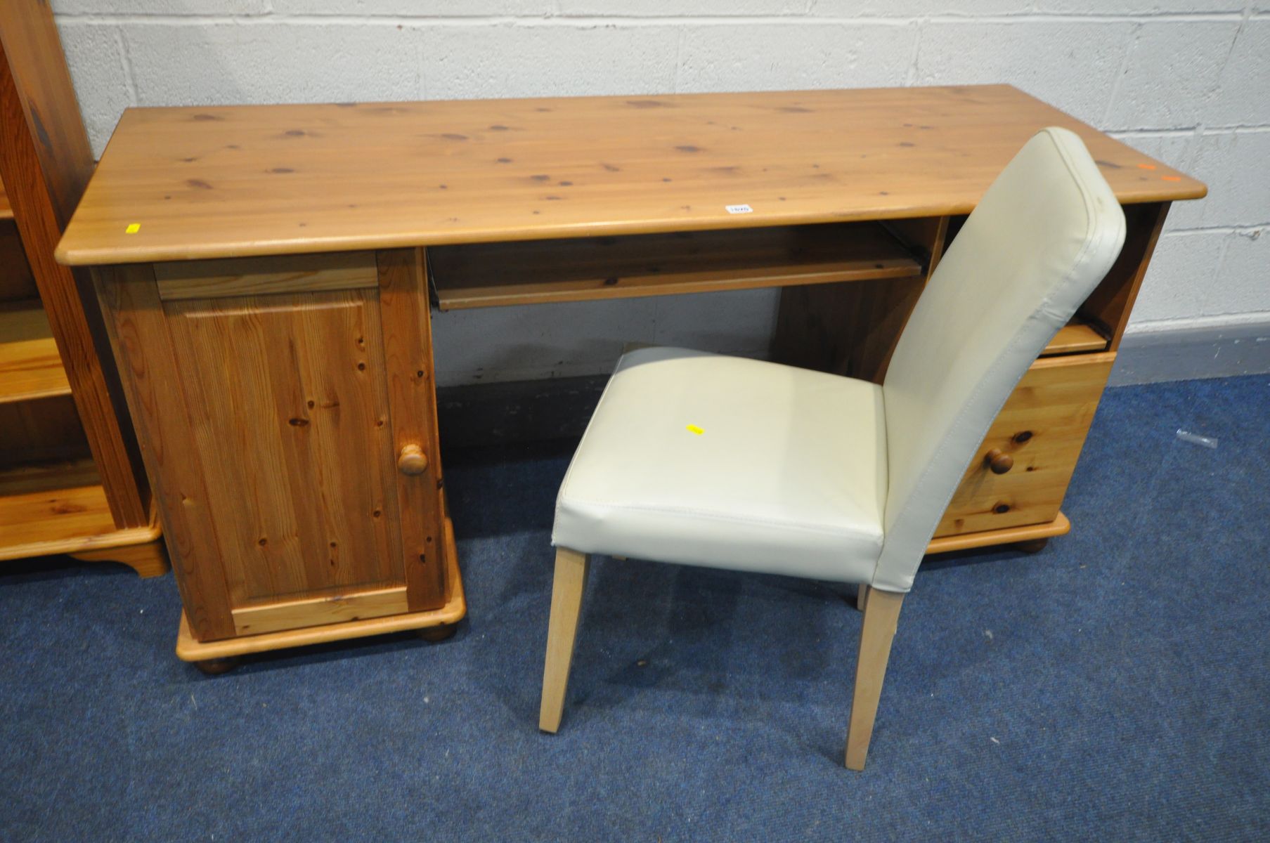 A MODERN PINE DESK, width 154cm x depth 54cm x height 74cm, cream leatherette chair and an open - Image 2 of 3