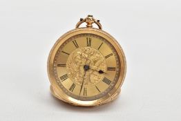 A LADY'S YELLOW METAL OPEN FACE POCKET WATCH, black Roman numerals, purple hour and minute hands,