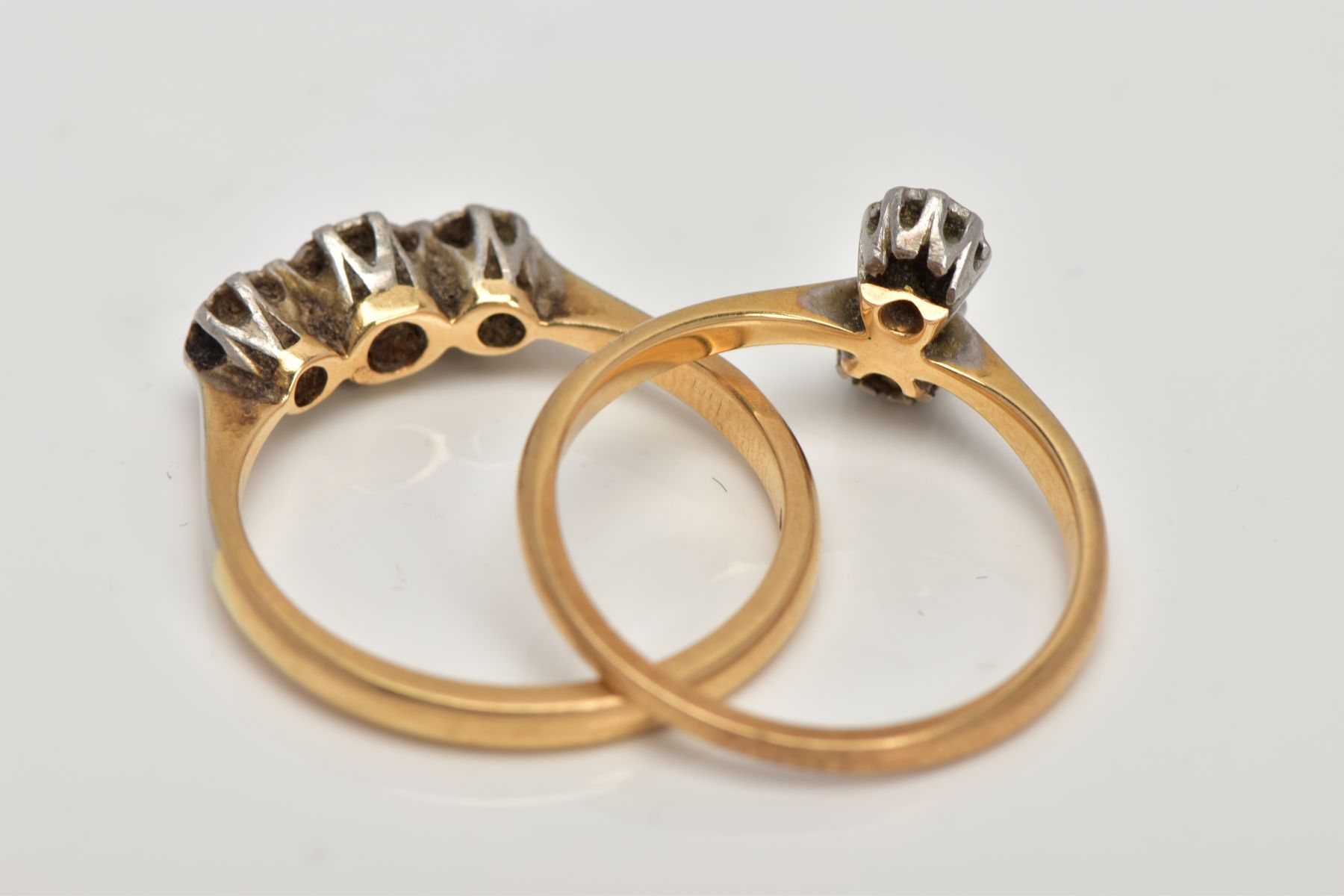TWO DIAMOND RINGS, the first designed as three graduated brilliant cut diamonds, ring size M 1/2, - Image 3 of 3