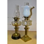 TWO BRASS OIL LAMPS, comprising a 'Hinks No 2' brass oil lamp with glass reservoir, chimney and