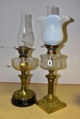 TWO BRASS OIL LAMPS, comprising a 'Hinks No 2' brass oil lamp with glass reservoir, chimney and