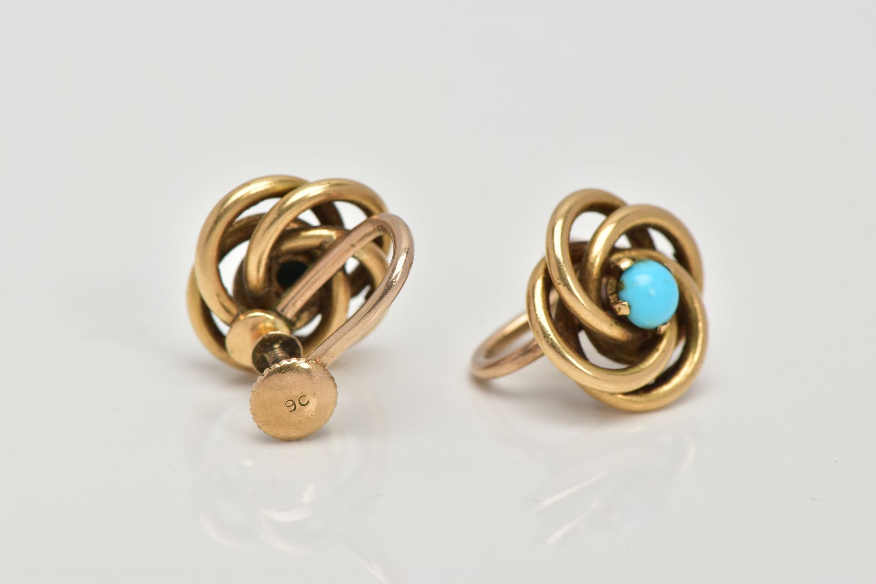 A PAIR OF EARRINGS, of interlocking circular design each set with a central turquoise cabochon, with - Image 3 of 3