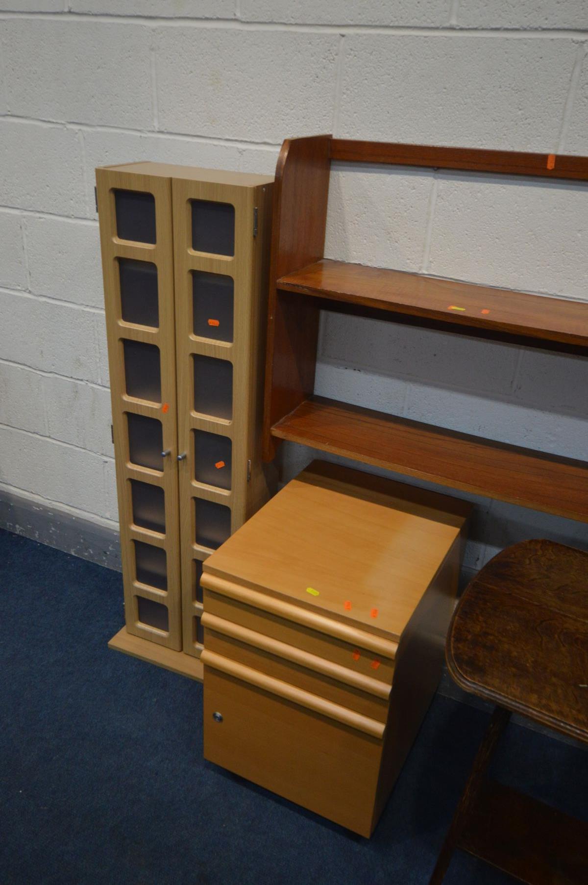 AN OAK OCCASIONAL TABLE, a tall modern two door cabinet, a beech three drawer filing cabinet and - Image 2 of 3