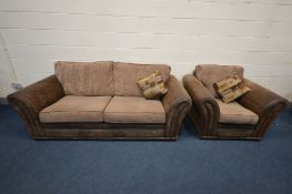 A BROWN SUEDE AND UPHOLSTERED TWO PIECE SUITE, comprising a two seater sofa, length 213cm, and an