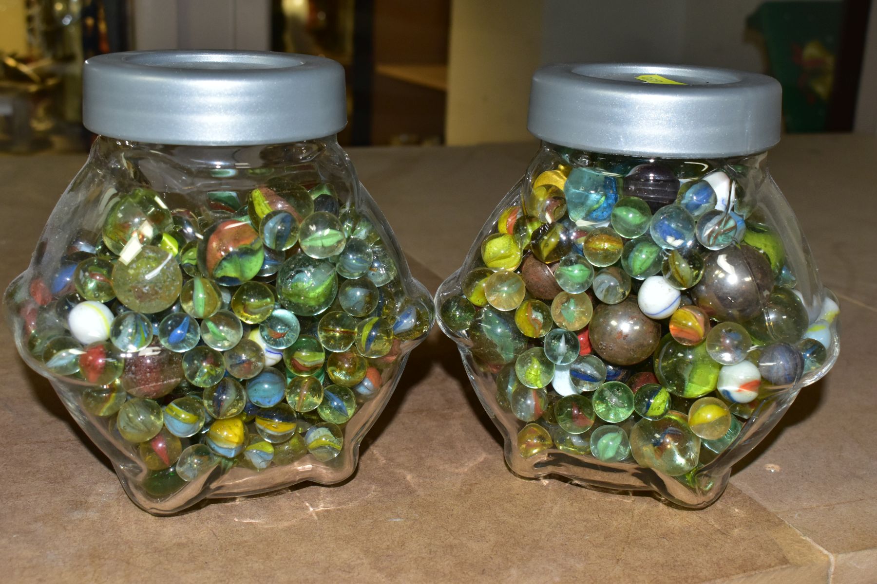 TWO LIDDED GLASS JARS, CONTAINING MARBLES, assorted sizes, colours and styles, includes some ball - Image 2 of 4