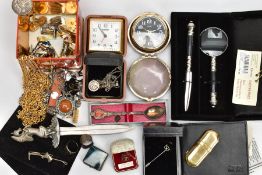 BOX OF ASSORTED ITEMS, items to include silver charms, engraved yellow metal lighter and other