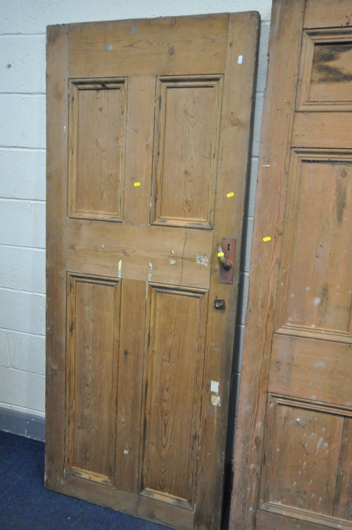 THREE VARIOUS VICTORIAN PINE PANELLED SCHOOLHOUSE DOORS, one with handle, two doors approximately, - Image 4 of 4