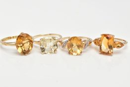 FOUR 9CT GOLD DRESS RINGS, various designs such as an oval cut citrine, an oval cut citrine