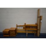 A PINE 5FT BEDSTEAD (with bolts and screws) along with two single headboards, and two pine bedside