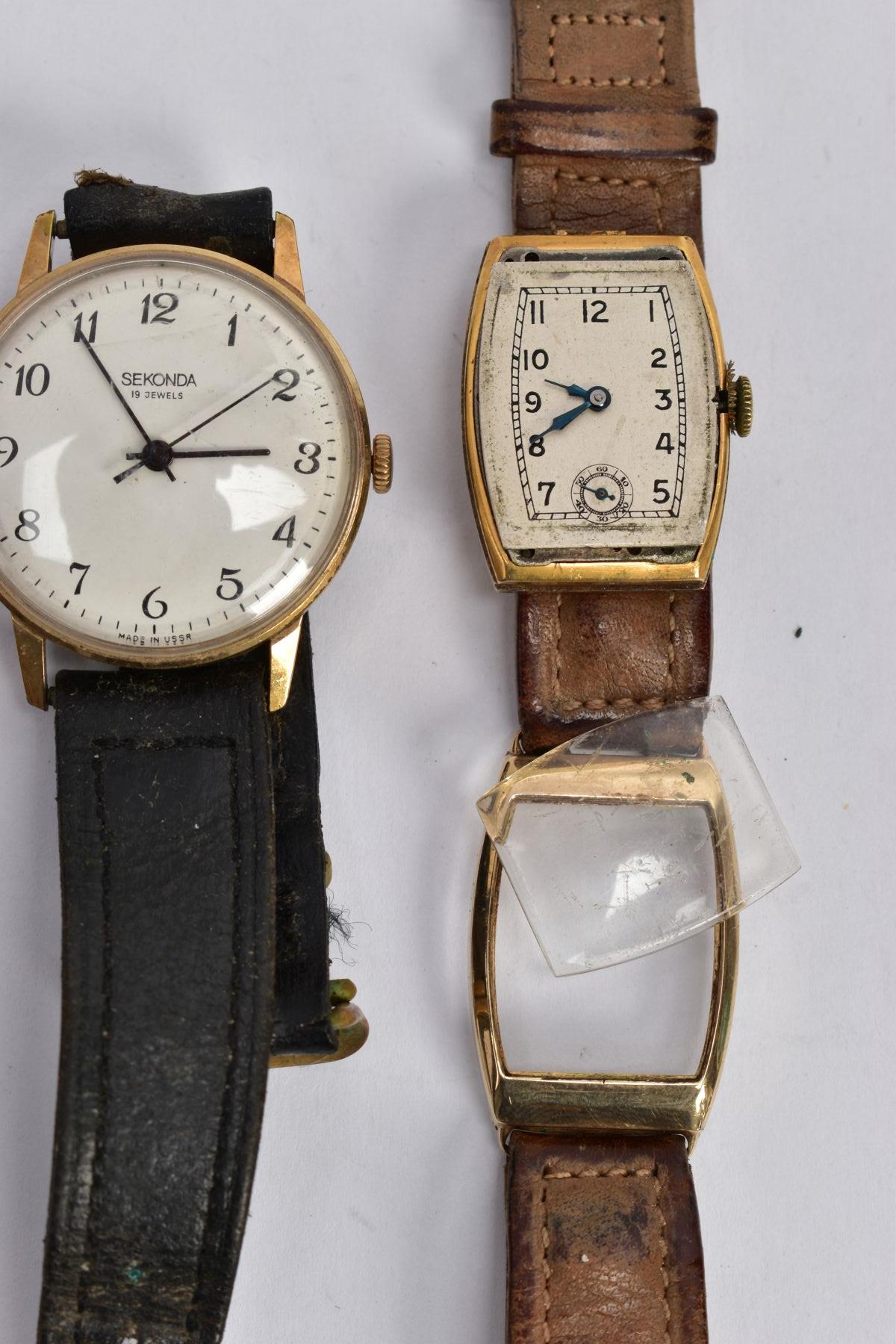 FOUR WRISTWATCHES, to include an early 20th century watch with 9ct gold head and tan leather - Image 3 of 3
