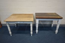 A VICTORIAN PARTIALLY PAINTED AND PINE TOPPED KITCHEN TABLE, with a single drawer, length 104cm x