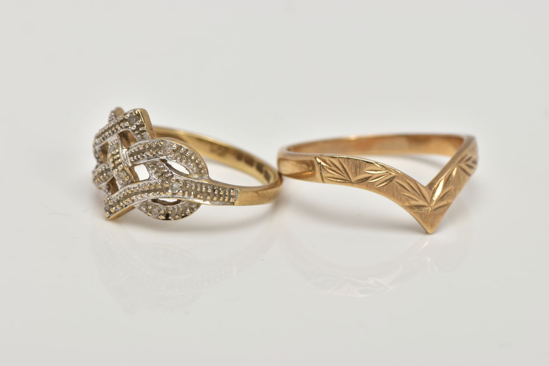 A 9CT GOLD DIAMOND RING AND A WISHBONE RING, the openwork ring set with single cut diamond detail, - Image 2 of 3
