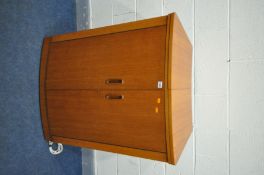 A MID CENTURY TURNIDGE OF LONDON TEAK COCKTAIL CABINET/BAR, with a fold over top, double cupboard