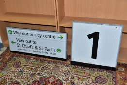 TWO MODERN ENAMEL RAILWAY SIGNS, 'Way Out to City Centre Way Out to St Chad's & St Paul's',