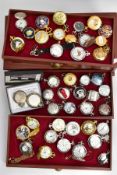 A WOODEN DISPLAY BOX OF NOVELTY POCKET WATCHES, wooden display box with three draws and a glass