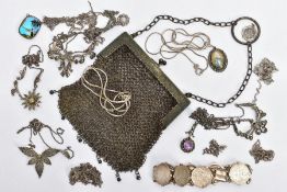 A SELECTION OF WHITE METAL JEWELLERY AND A METAL MESH COIN PURSE, four white metal floral style