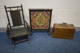 AN EDWARDIAN MAHOGANY AMERICAN CHILDS ROCKING CHAIR, along with a needlework fire screen and a