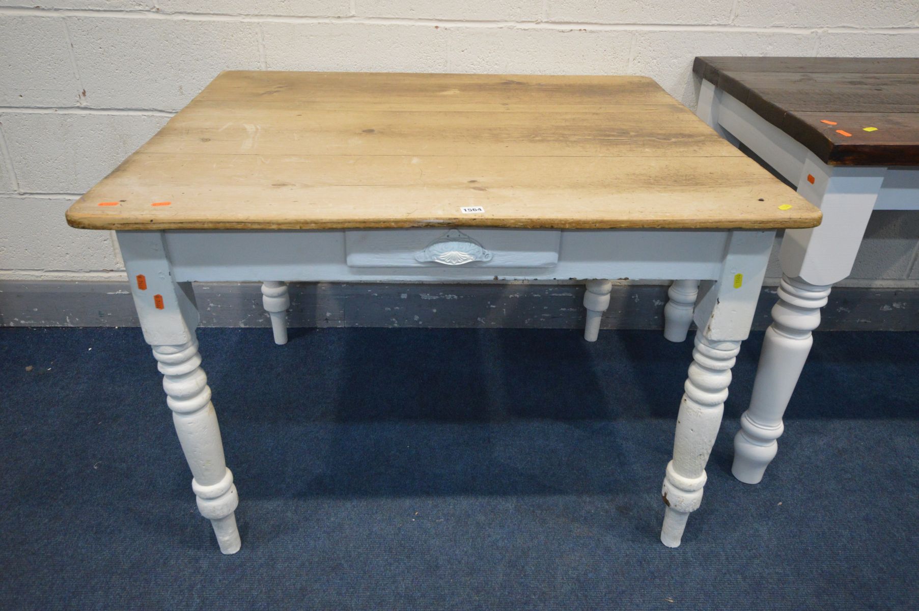 A VICTORIAN PARTIALLY PAINTED AND PINE TOPPED KITCHEN TABLE, with a single drawer, length 104cm x - Image 2 of 3