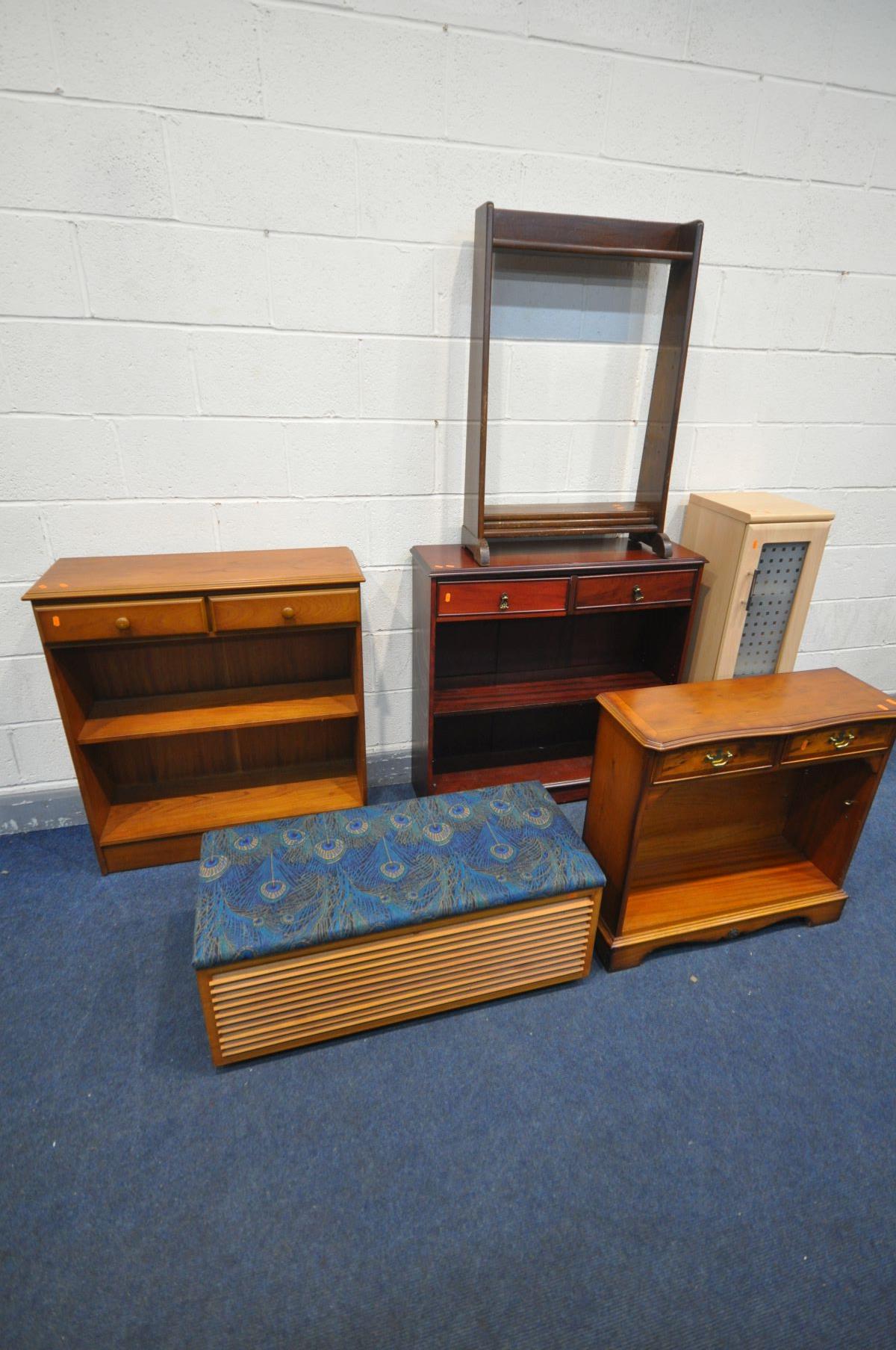 FOUR VARIOUS OPEN BOOKCASES, three bookcases with drawers, an open bookcase with two shelves (