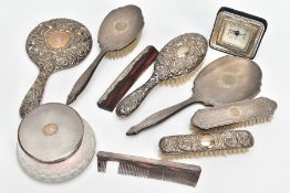 SELECTION OF SILVER VANITY ITEMS, two brush and mirror sets to include a comb, a hand held mirror