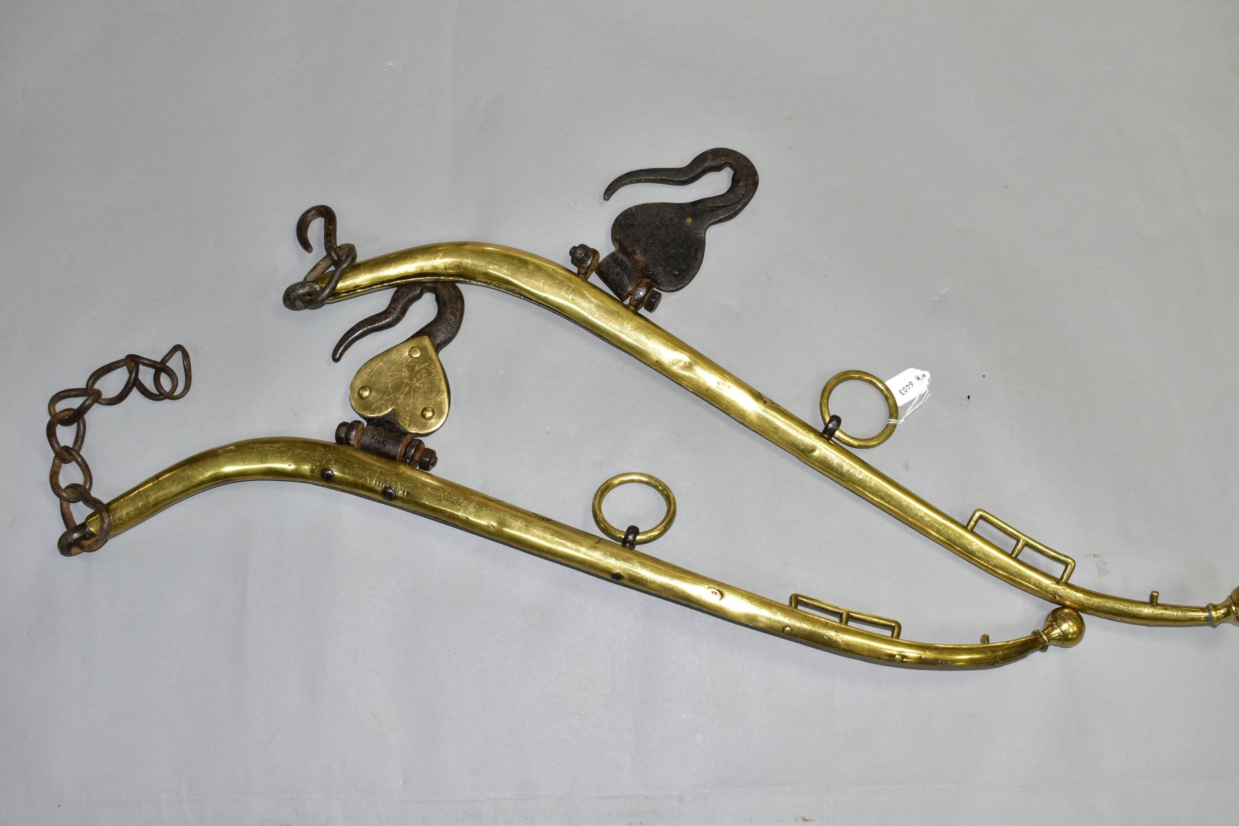 A PAIR OF HORSE HAMES, brass with wrought iron hooks, stamped marks 'No. 3 Warranted Double Cased - Image 4 of 6