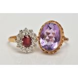 AN 18CT GOLD CLUSTER RING AND A YELLOW METAL AMETHYST DRESS RING, the cluster designed with a