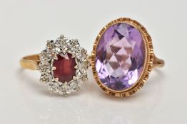 AN 18CT GOLD CLUSTER RING AND A YELLOW METAL AMETHYST DRESS RING, the cluster designed with a