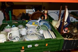 FIVE BOXES AND LOOSE CERAMICS AND SUNDRY ITEMS, to include Highland Stoneware hand painted mugs,